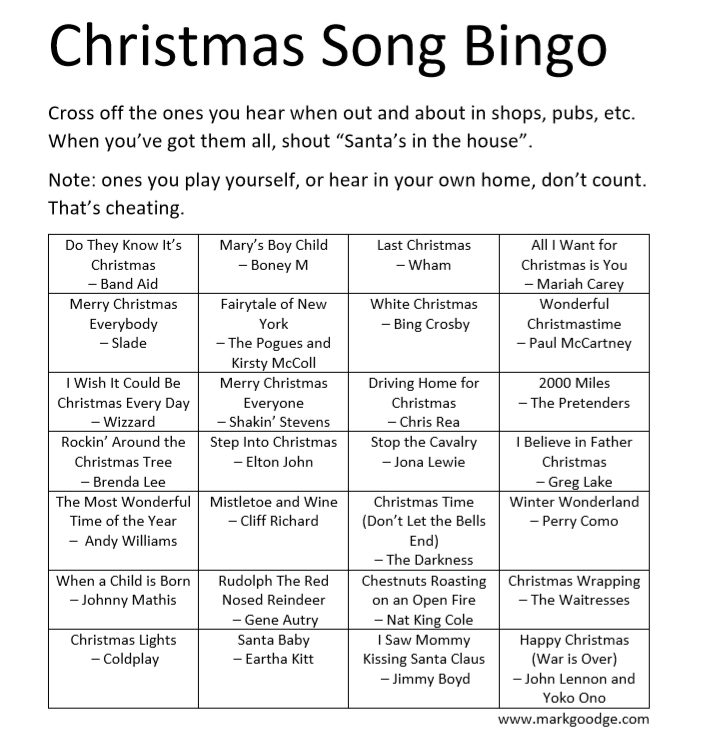 Christmas Song Bingo Mark s Musings